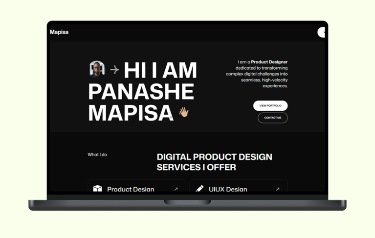 A sleek, personal portfolio website for a Zimbabwean product designer, UI/UX specialist, and brand designer showcasing world-class digital work.