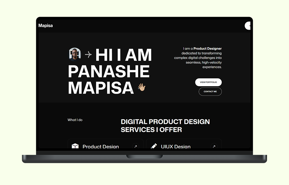 A sleek, personal portfolio website for a Zimbabwean product designer, UI/UX specialist, and brand designer showcasing world-class digital work.